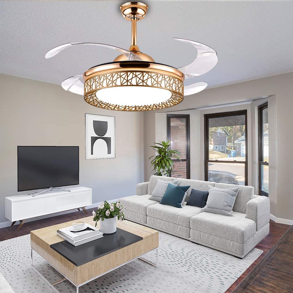 TFCFL 42 Inch Gold Ceiling Fan with Remote Control and Blade Retractable Crystal Fan Light Indoor 3 Color Change