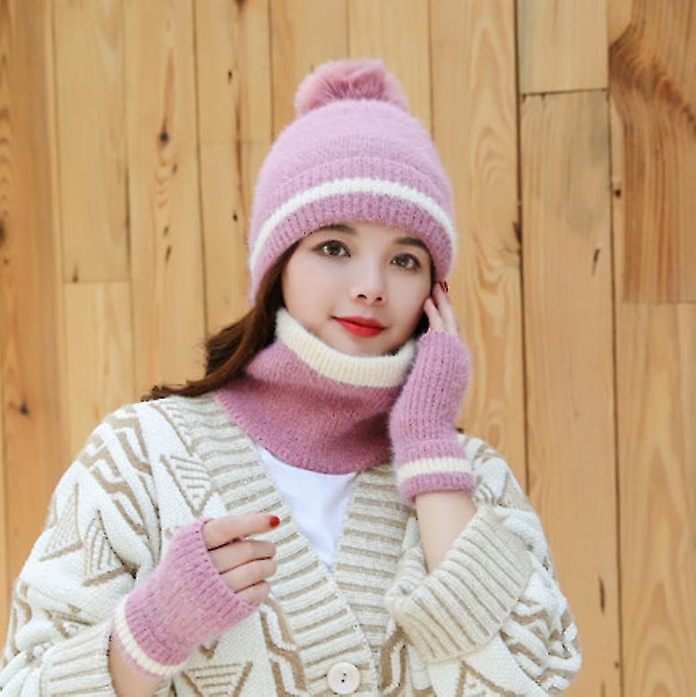 Winter Neck Collar Cap Set Female Beanies Suit Outdoor Plush Knit Women Scarf Hat Gloves Three-piece Set1setwhite