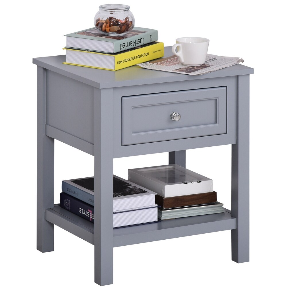 HOMCOM Accent End Table Nightstand with Grey Tabletop  Storage Drawer  and Bottom Shelf