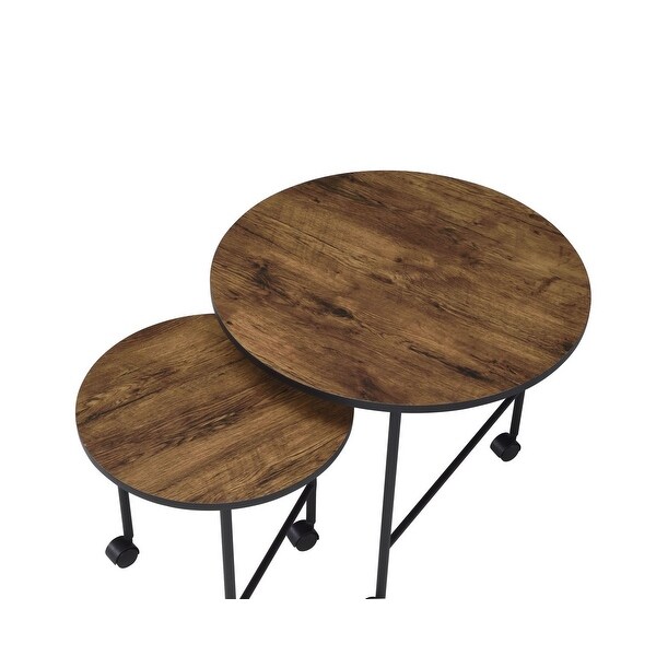 2 Piece Round Nesting End Table with Casters， Oak Brown and Black - 20 H x 23 W x 23 L Inches