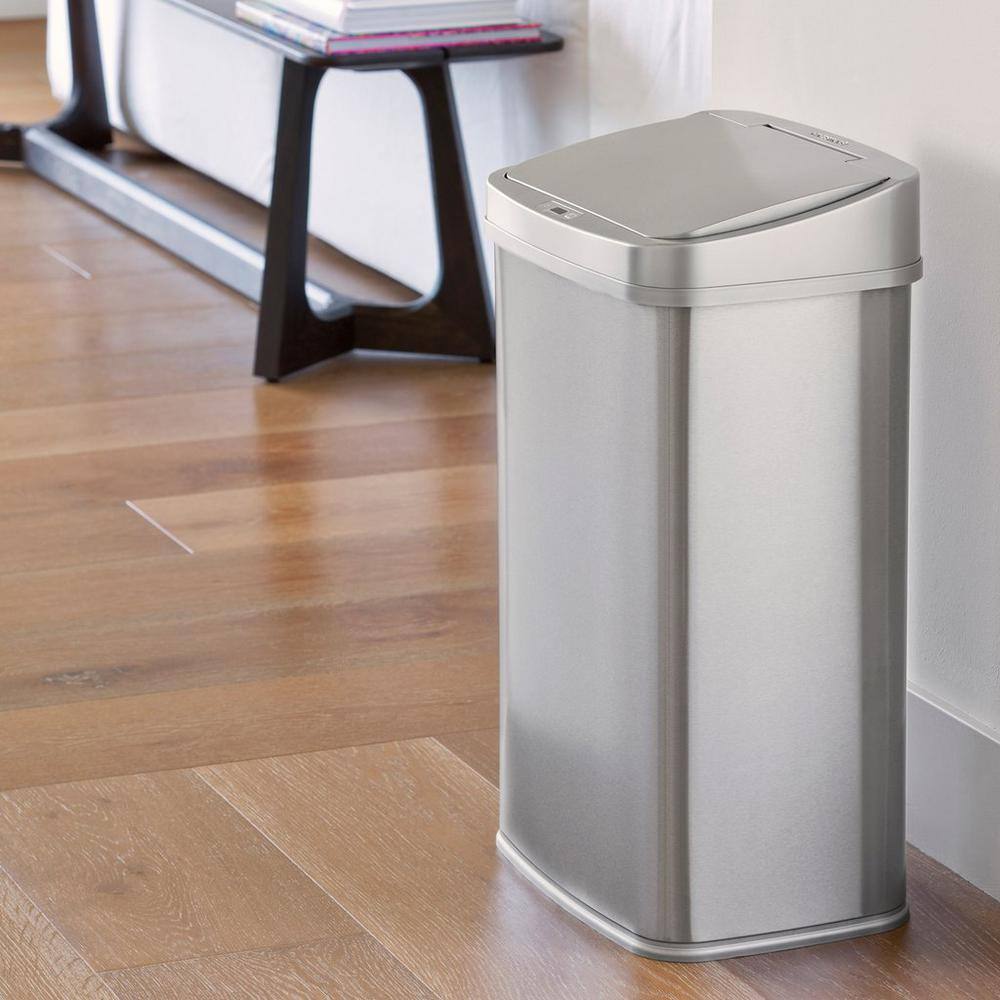 NINESTARS 13 Gal. Silver Stainless Steel Rectangular Shape Motion Sensor Trash Can DZT-50-28SL