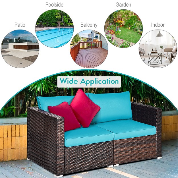 Costway 4pcs Patio Rattan Corner Sofa With Blue Cushion