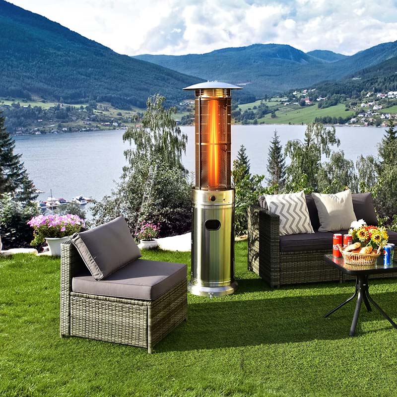 34,000BTU Standing Propane Patio Heater with Wheels, Stainless Steel Round Glass Tube Gas Outdoor Heater