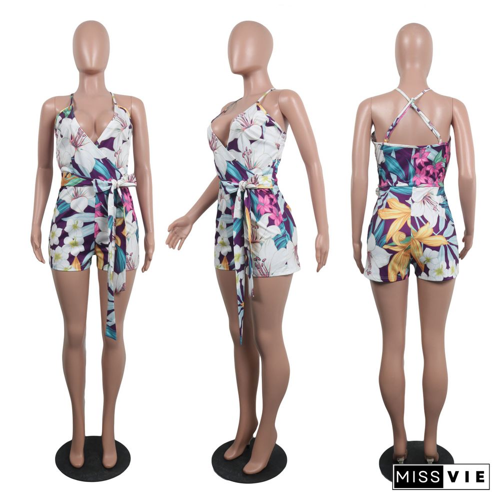 Women Holiday Floral Print V Neck Sleeveless Summer Bandage Beach Halter Neck Skinny Rompers