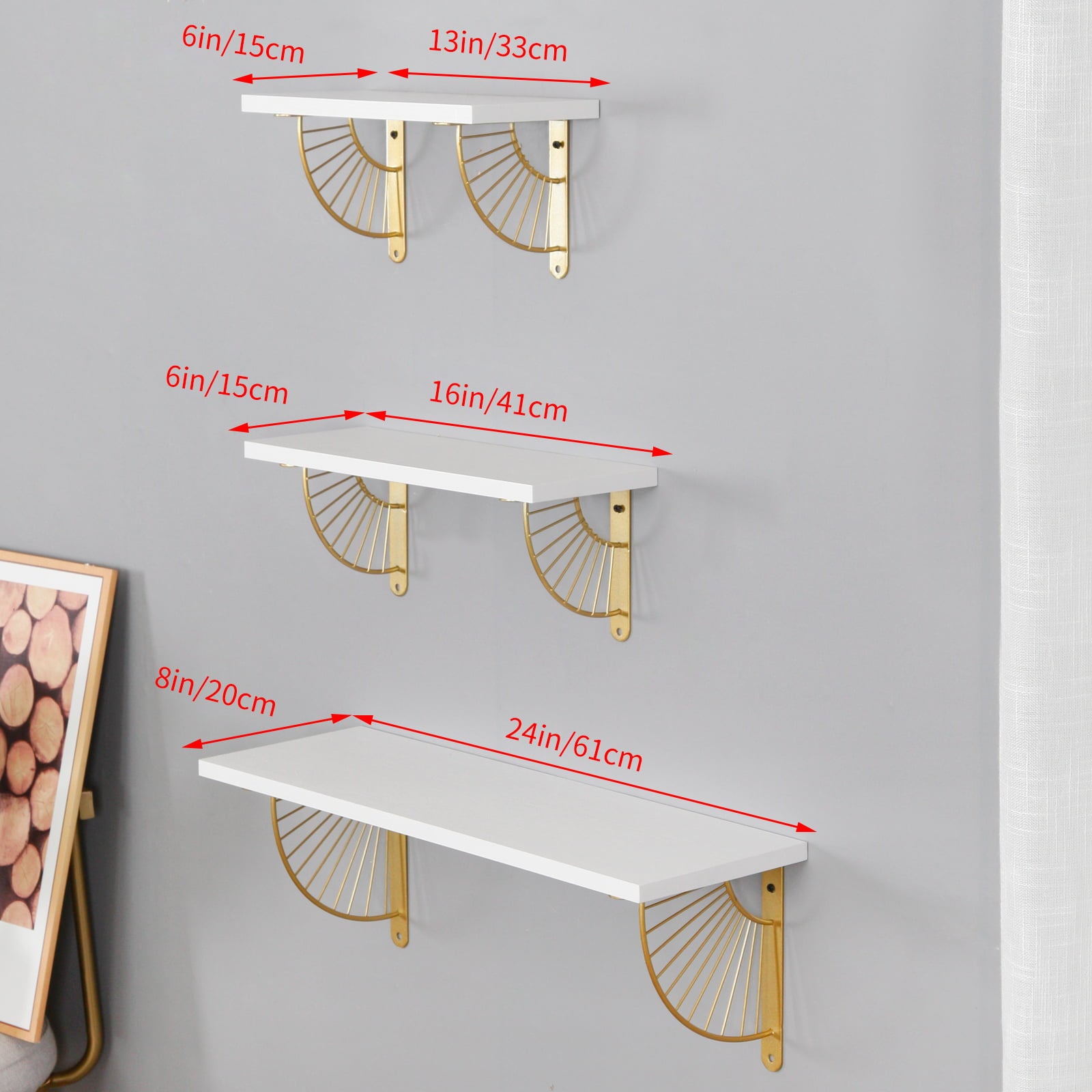 Floating Shelves for Home/ Office Décor Set of 3, Wall Mounted Bookshelf, Decor Wall Shelf, Storage Shelves, Spice Rack, White Shelf with Golden Metal Brackets, for Bedroom | Living Room | Bathroom |