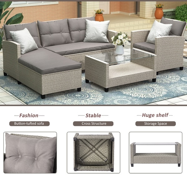 4 Pieces Outdoor Patio Rattan Sectional Set with Cushion and Table