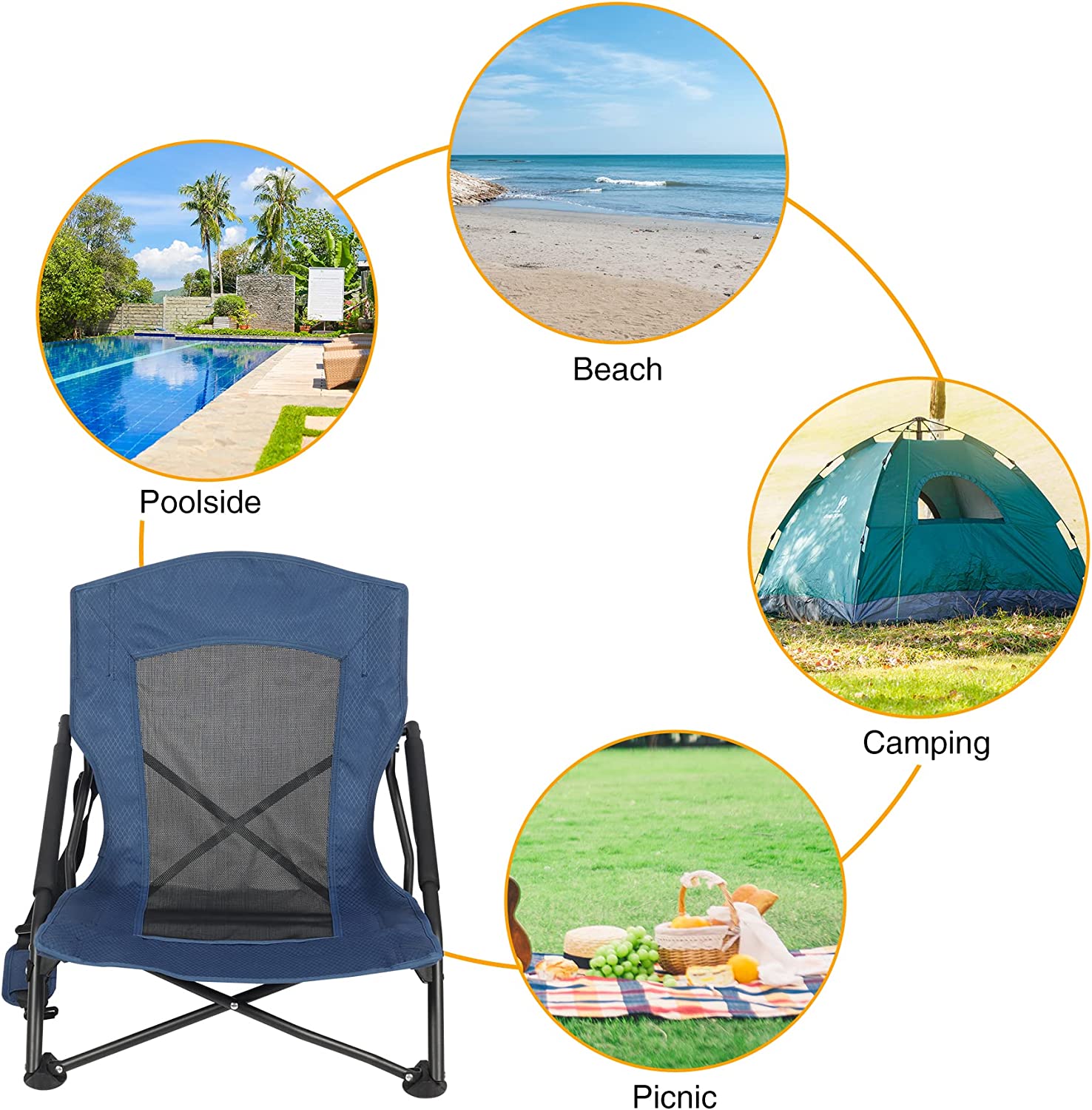 REDCAMP Low Beach Chairs， Portable Concert Chairs for Adults， Heavy Duty Compact Beach Chairs with Carry Bag， Small Folding Beach Chairs for Outdoor Travel Camping， 2 Pack of Navy