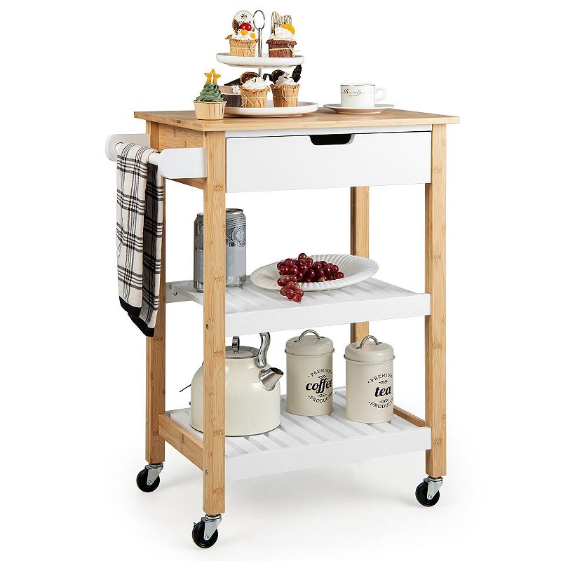 3-Tier Kitchen Island Cart Rolling Service Trolley with Bamboo Top