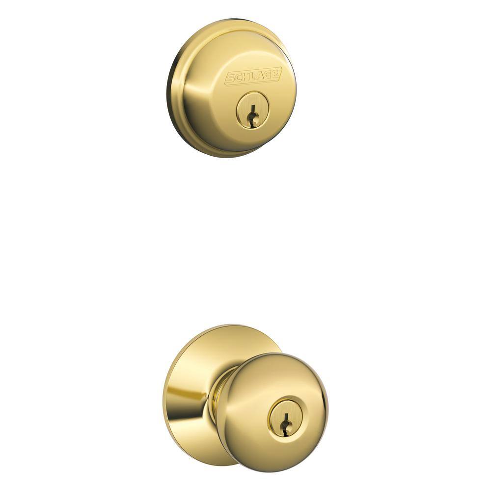 Schlage Plymouth Bright Brass Single Cylinder Deadbolt and Keyed Entry Door Knob Combo Pack FB50N V PLY 505 605