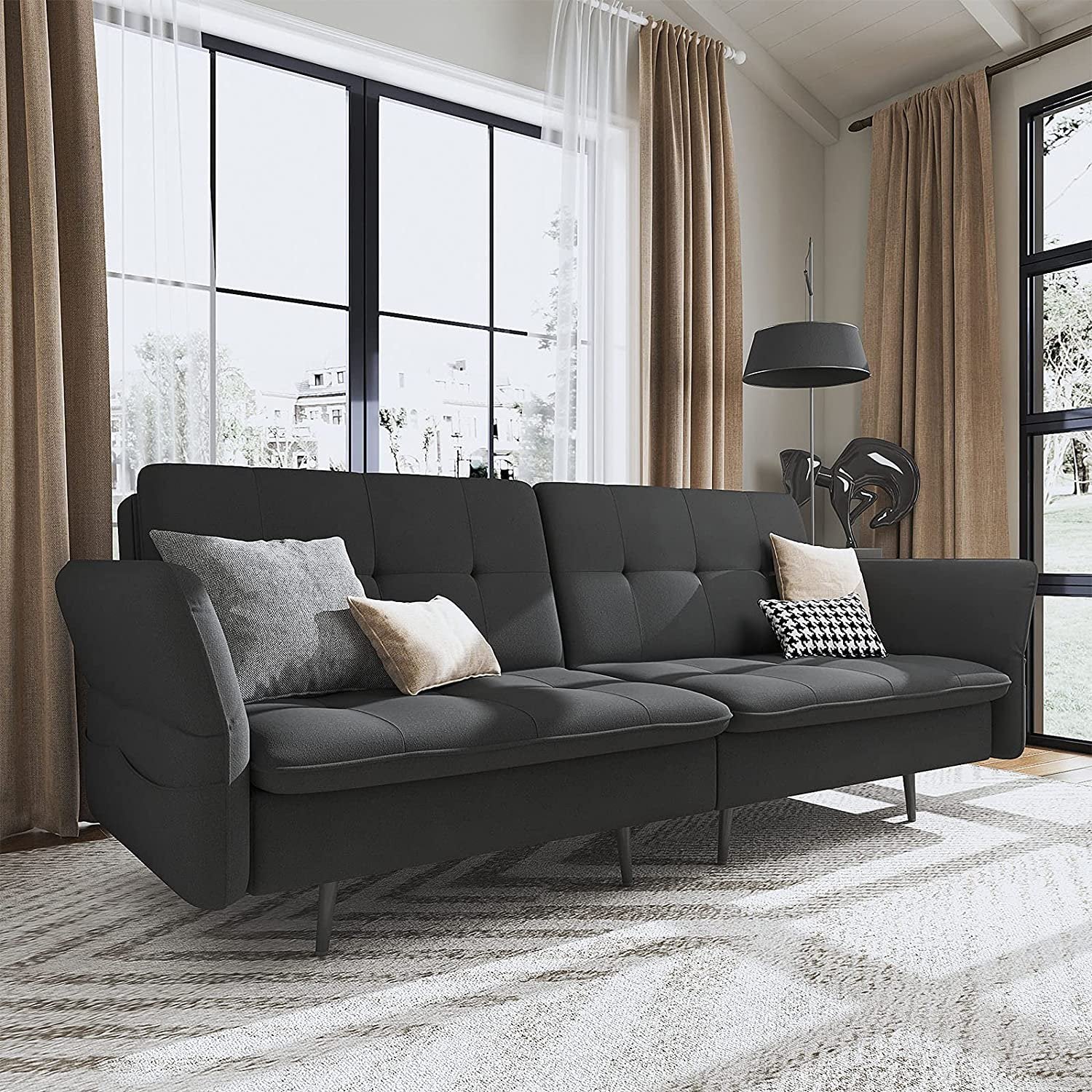 HONBAY Modern Folding Futon Sofa for Small Space Tufted Sleeper Sofa Couch Bed, Dark Grey