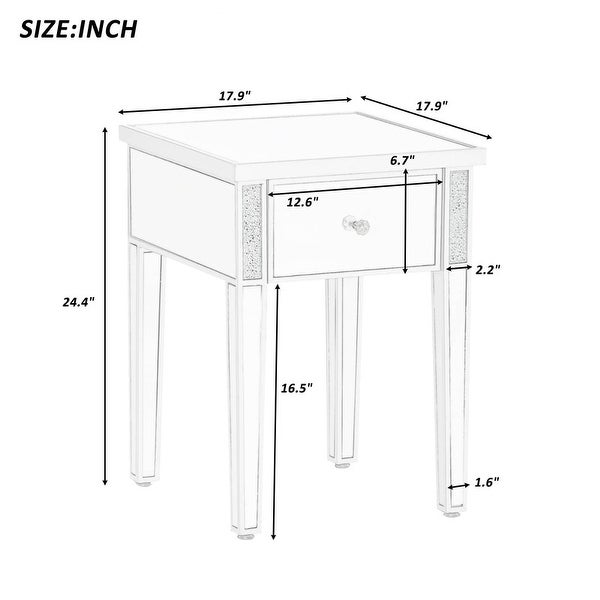 Modern Glass Mirrored End Table with Drawer， Corner Table with Crystal Handles and Adjustable Height Legs