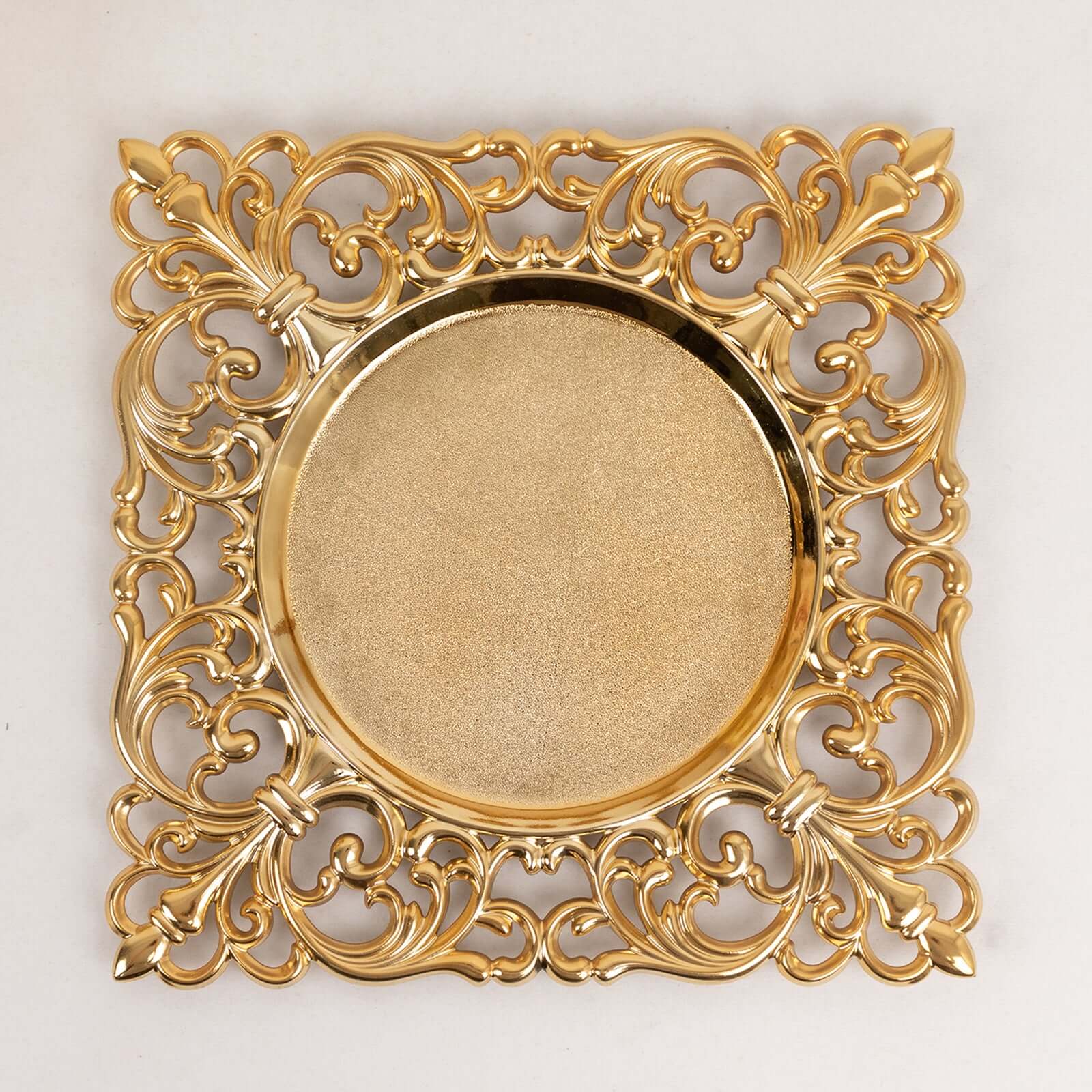 6 Pack Gold Square Acrylic Charger Plates with Hollow Lace Border, Dinner Chargers Event Tabletop Decor - 12