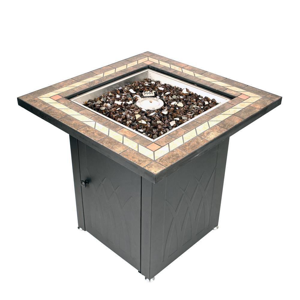 Pleasant Hearth Atlantis 28 in. x 26 in. Square Steel Propane Gas Fire Pit Table in Black with Glass Fire Rocks OFG824T