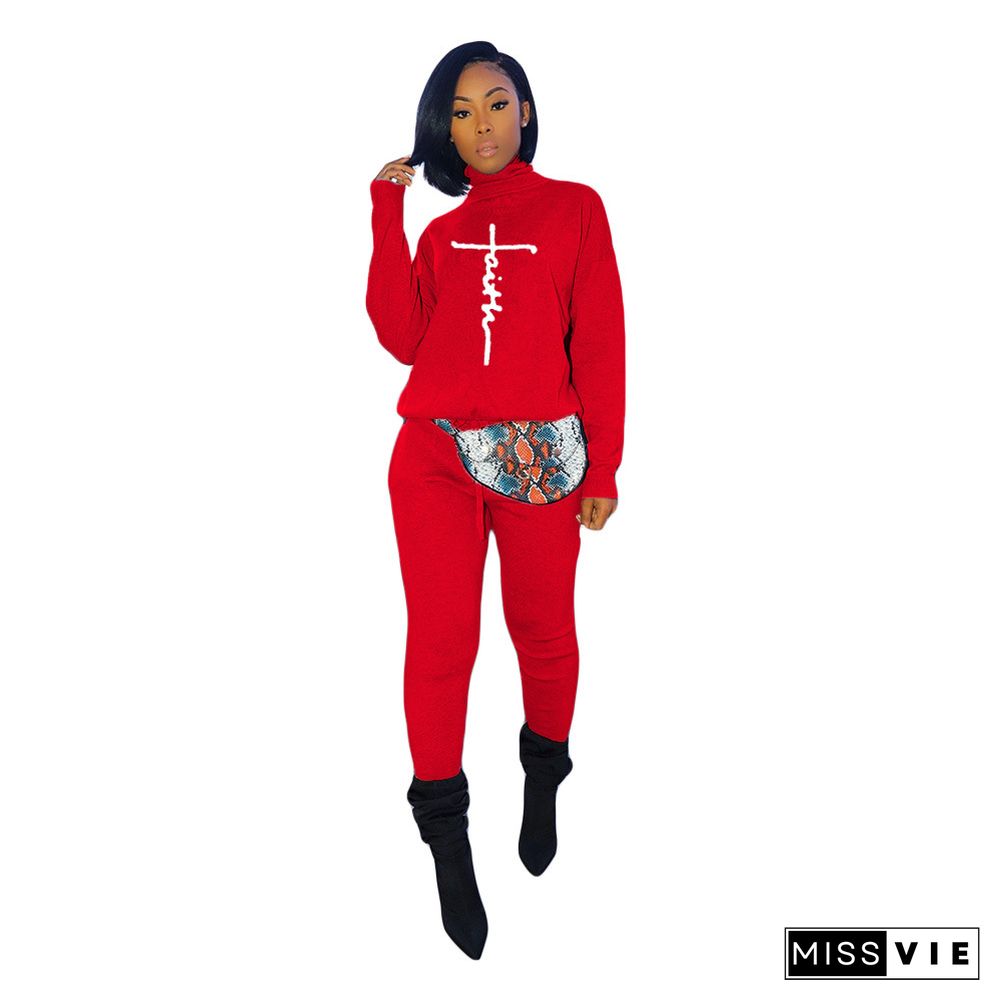 Faith Letter Turtleneck Long Sleeve T-shirt and Pants Suit