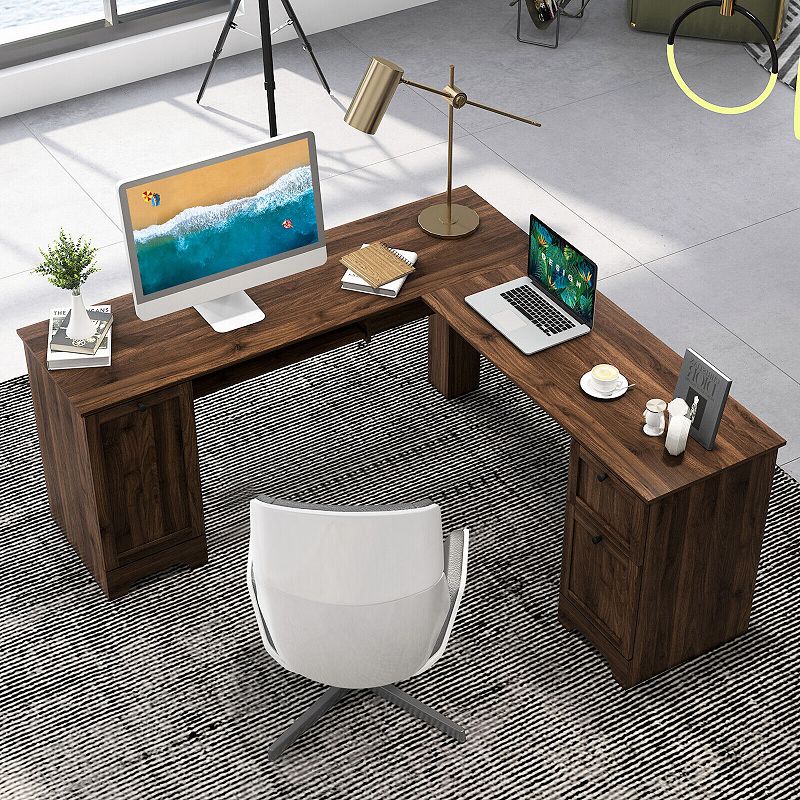 L-Shaped Office Desk with Storage Drawers and Keyboard Tray