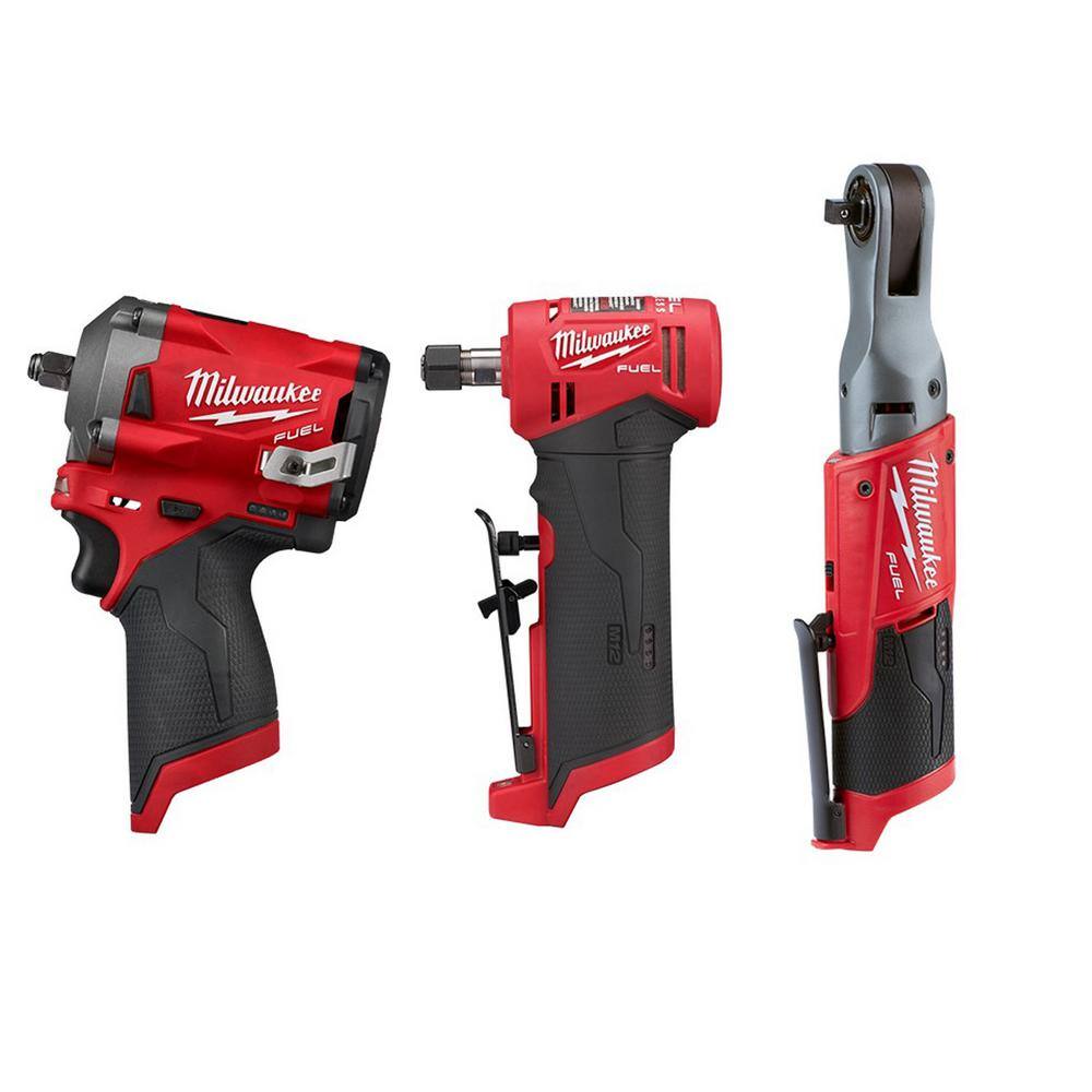 MW M12 FUEL 12V Lithium-Ion Brushless Cordless Stubby 38 in. Impact Wrench  38 in. RatchetDie Grinder (3-Tool) 2554-20-2485-20-2557-20