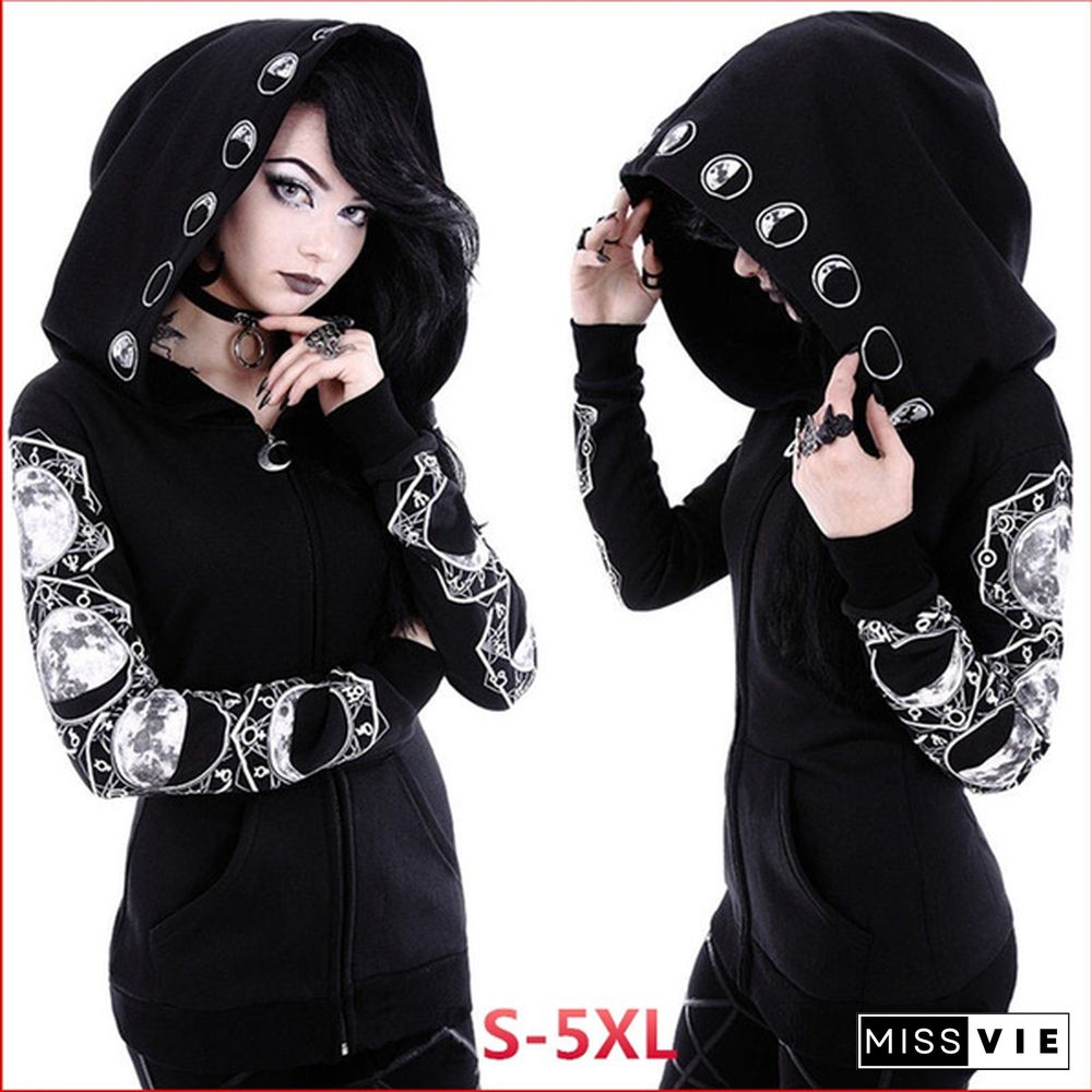 Women's Fashion Cosplay Coat  Hooded Jacket  Print Gothic Punk Long Sleeve Witch Moon Hoodie Zipper Hoodies Casual Plus Size S-5XL