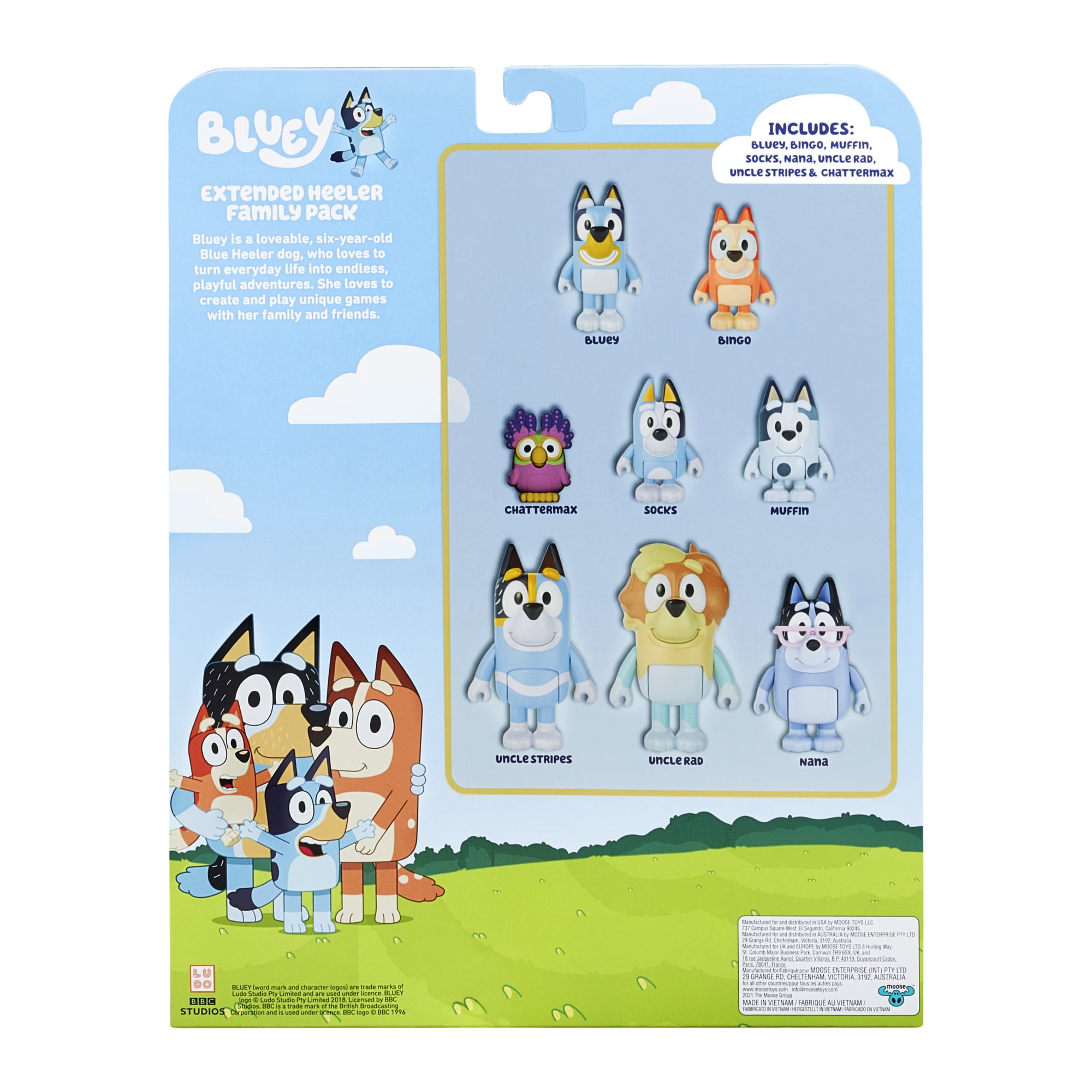 Bluey， Extended Heeler Family Pack， 2.5-3 inch Figures， Bluey， Bingo， Socks， Muffin， Uncle Stripe， Uncle Rad， Nana and Chattermax， Preschool， Toys for Kids， Ages 3+