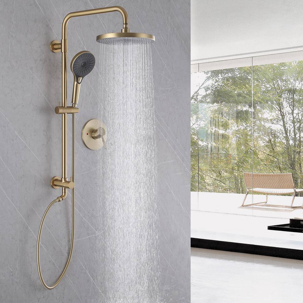 Tomfaucet 2-Spray Patterns 10 in. Wall Mount Dual Shower Heads with 3-Setting Hand Shower System in Brushed Gold TFK0113BG