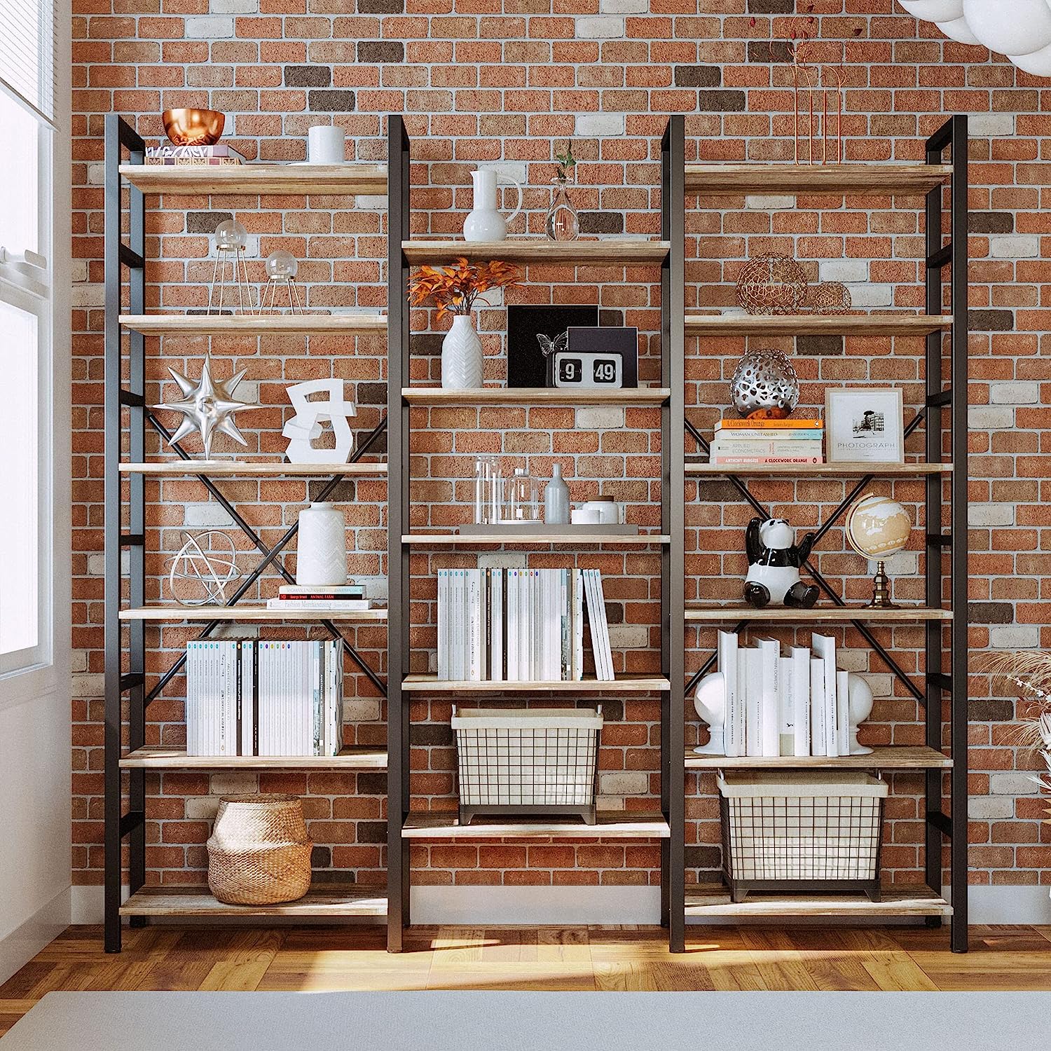 Triple Wide 6 Tiers Industrial Bookshelf, Large Etagere Bookcases and Bookshelves Open Display Shelves with Metal Frame