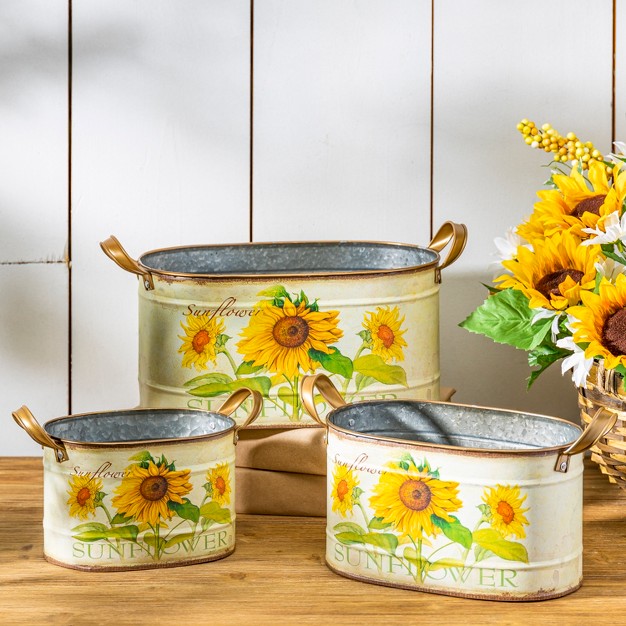 Gerson International Assorted Metal Nesting Sunflower Decorative Buckets Set Of 3