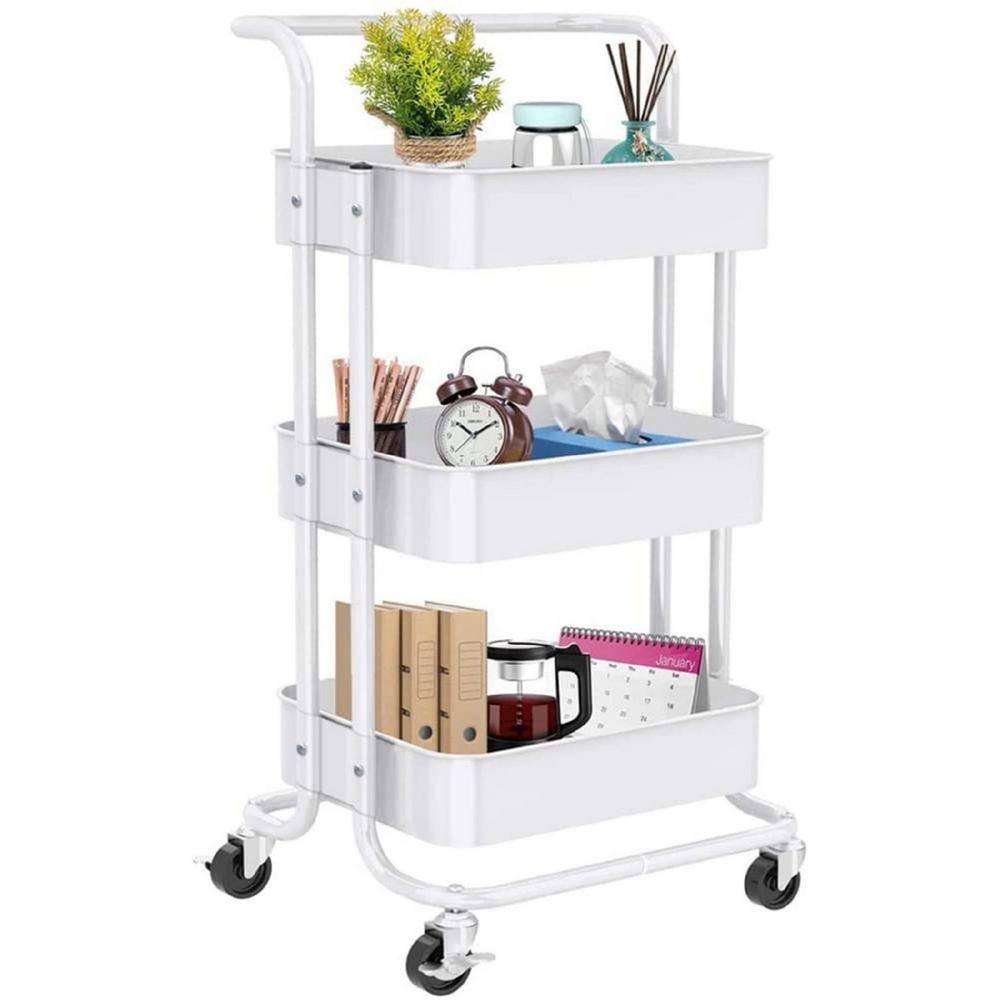 Siavonce 3-Tier Rolling Steel Storage Bin Utility Kitchen Cart with Wheels in White Bath Cart and Organizer Cart DB-ZX-D0102H74NIJ