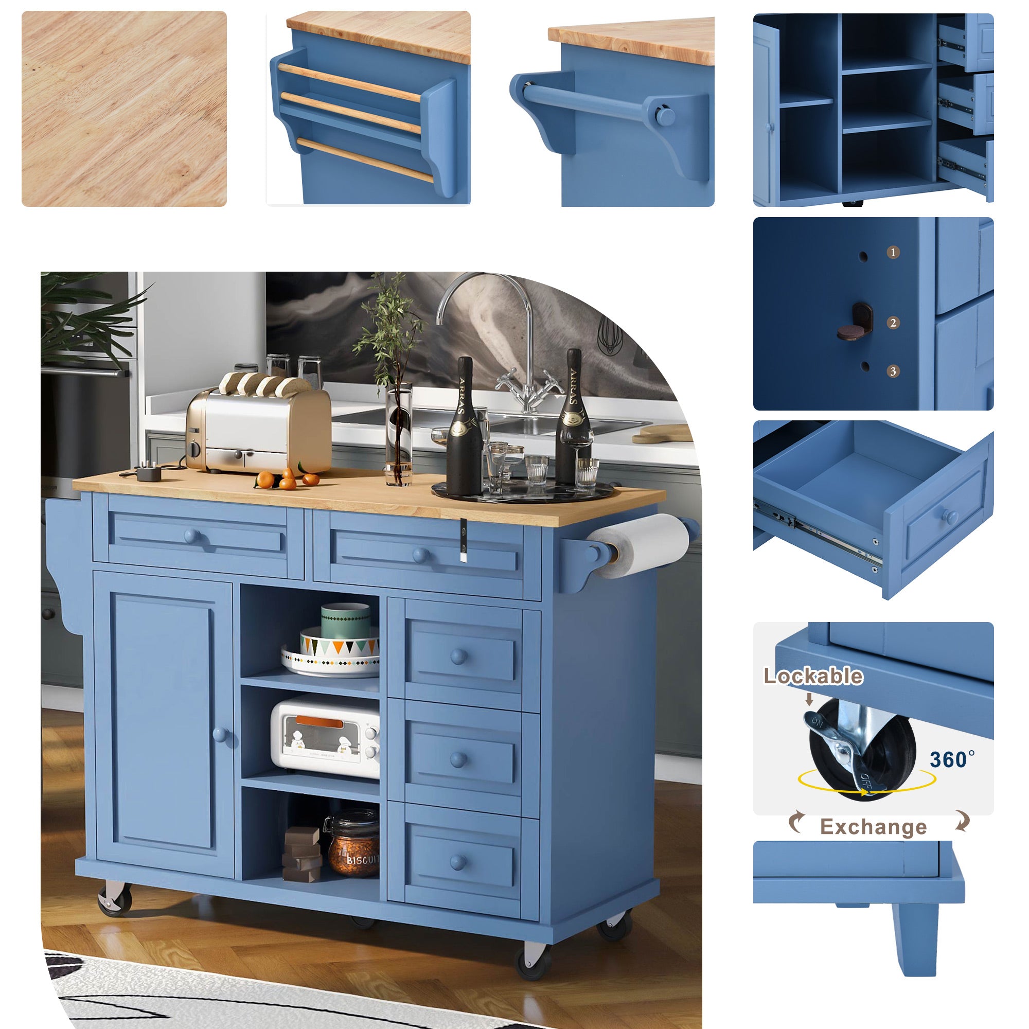 Kitchen Cart with Storage Cabinet， Rolling Mobile Kitchen Island with Adjustable Shelves and 5 Drawers， 53