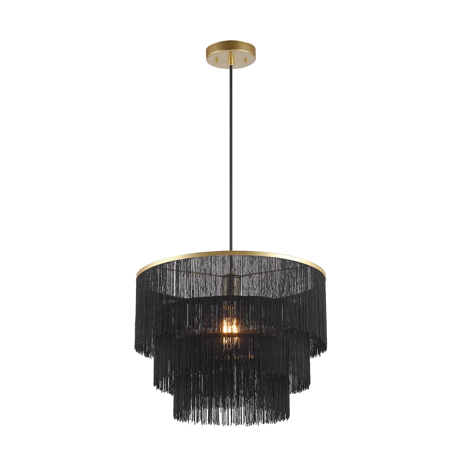 Globe Electric Willow 1-Light Matte Gold Pendant Light with Black Fabric Fringe Shade， 44845