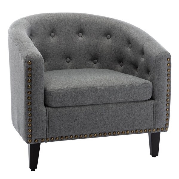 Chesterfield-Inspired Tufted Button Barrel Chair， Accent Chair Club Chair with Solid Wood Frame for Living Room， Grey+Linen