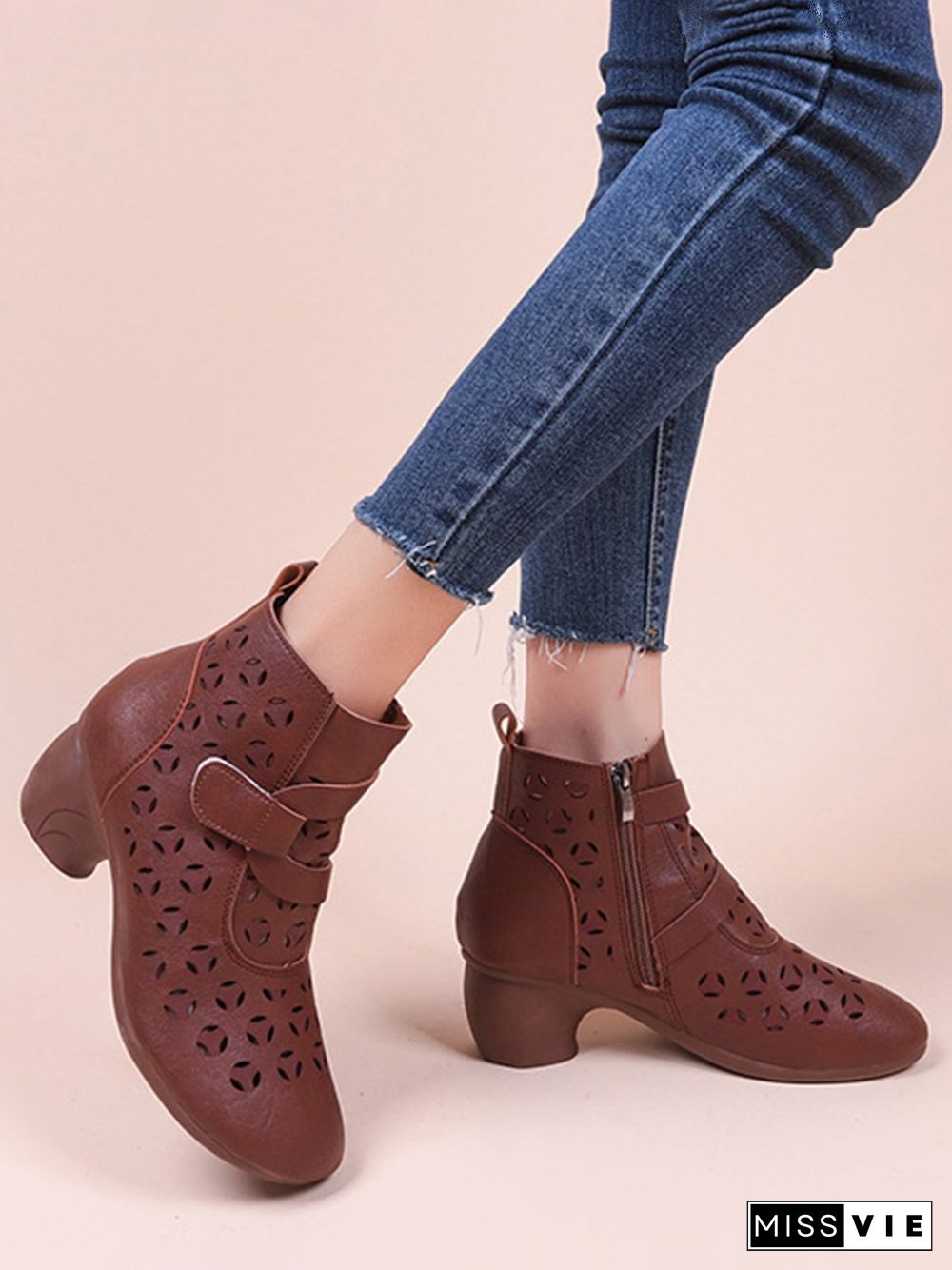 Vintage Cutout Chunky Heel Boots