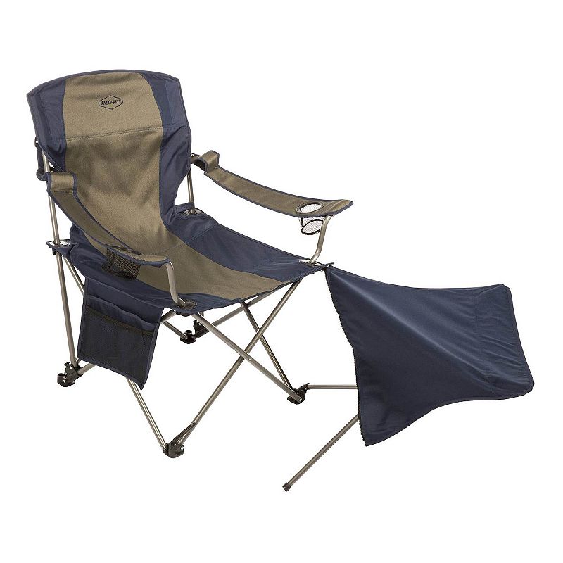 Kamp-Rite Outdoor Folding Lounge Chair w/ Detachable Footrest， Blue/Tan (2 Pack)