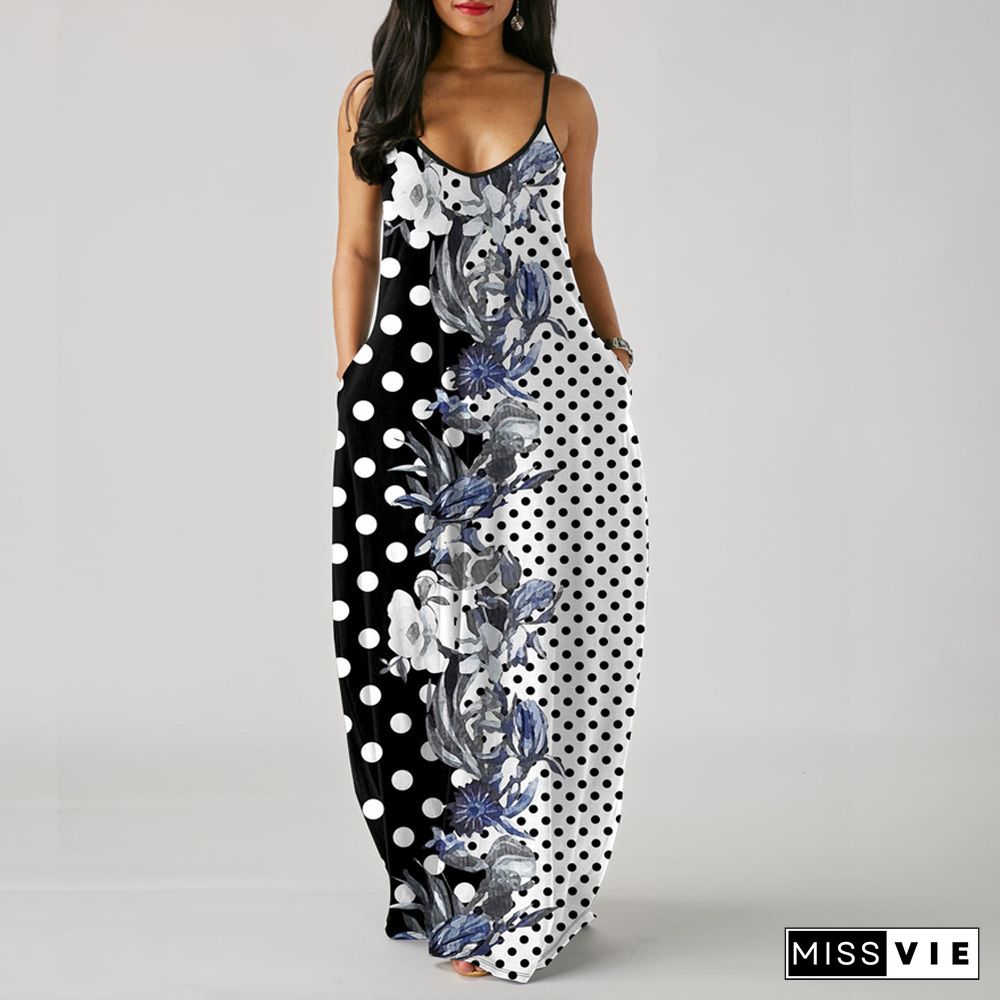 Women Summer Sexy Floral Print Pockets Spaghetti Strap V-Neck Loose Club Party Long Maxi Dresses