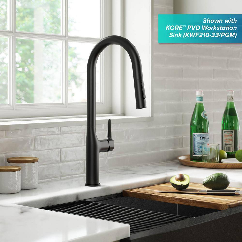 KRAUS Oletto Single Handle Pull Down Sprayer Kitchen Faucet in Matte Black KPF-3101MB