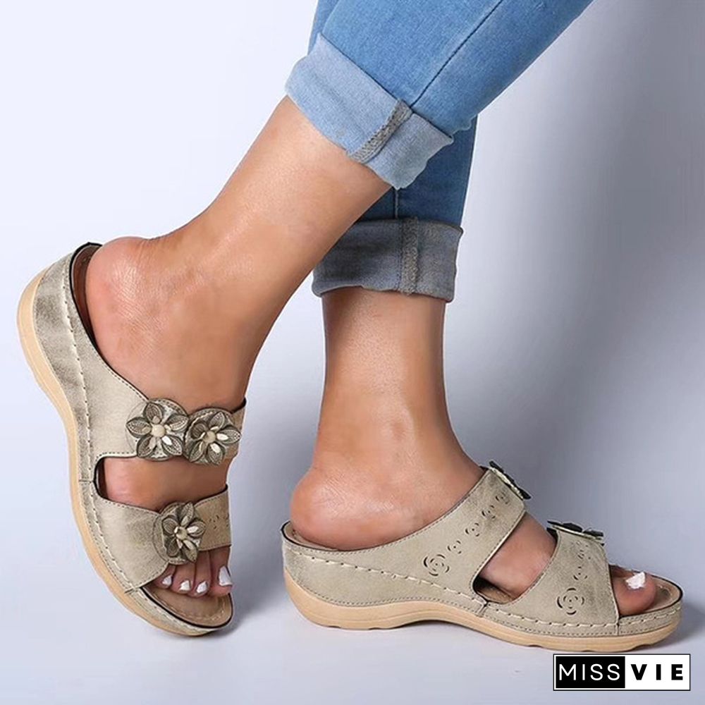 Women Fashion Casual Roman Style Flowers Open Toe Wedge Slippers Sandals