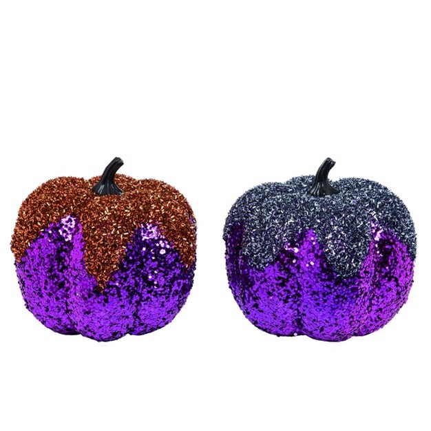 Transpac Foam 8 In Multicolored Halloween Glitter Pumpkin Set Of 2