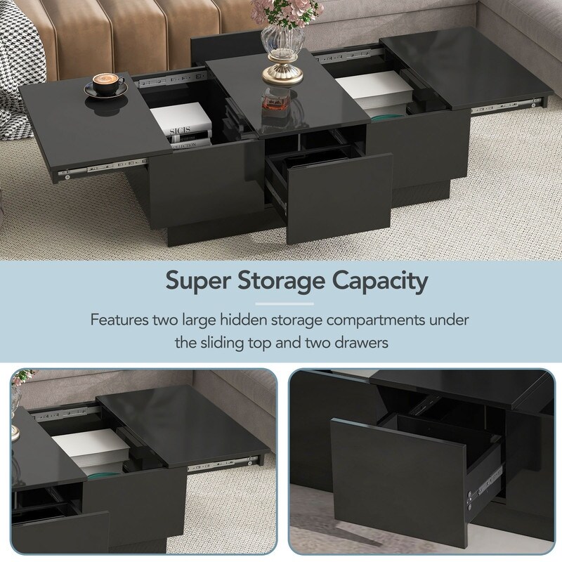 Extendable Coffee Table Center Table with Sliding Top and 2 Drawers