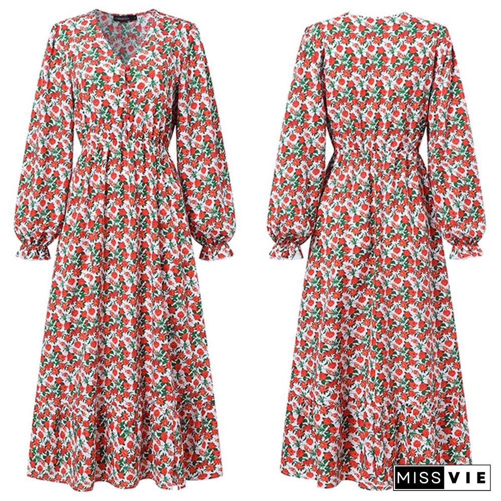 Womens Floral Printed Long Dress Long Sleeve V Neck Holiday Party Casual Pleated A Line Maxi Dress Plus Size