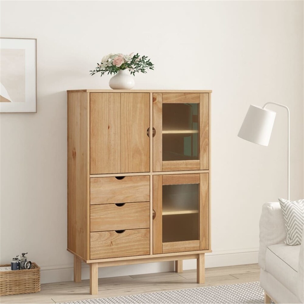 Solid Wood Pine Highboard Side Cabinet with 3 Drawers and Shelf