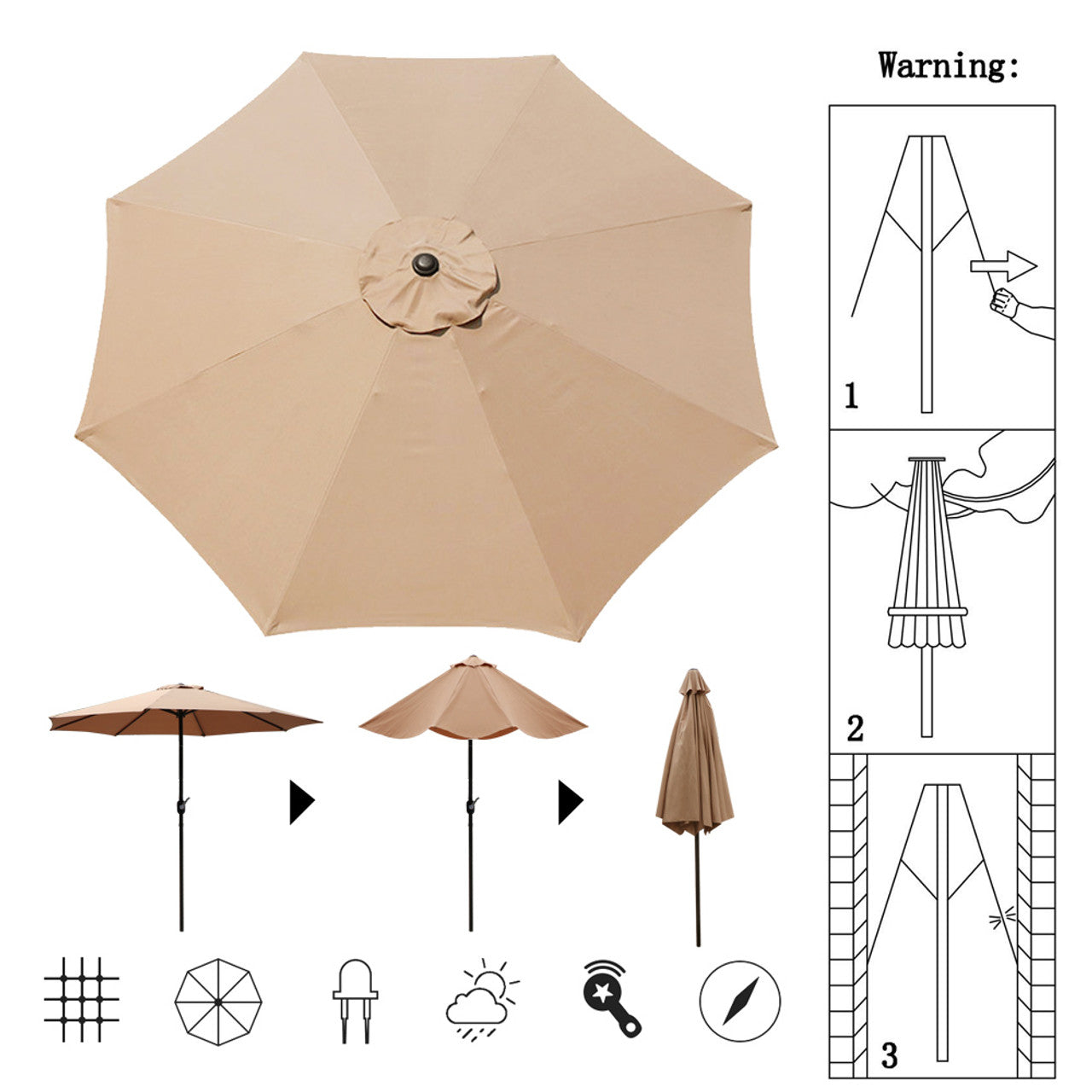 KAHOO 9FT Table Umbrella 1.5 Diameter Pole Outdoor Garden Patio Adjustable Crank Easy Ratcheting Folding 8 Ribs Tan