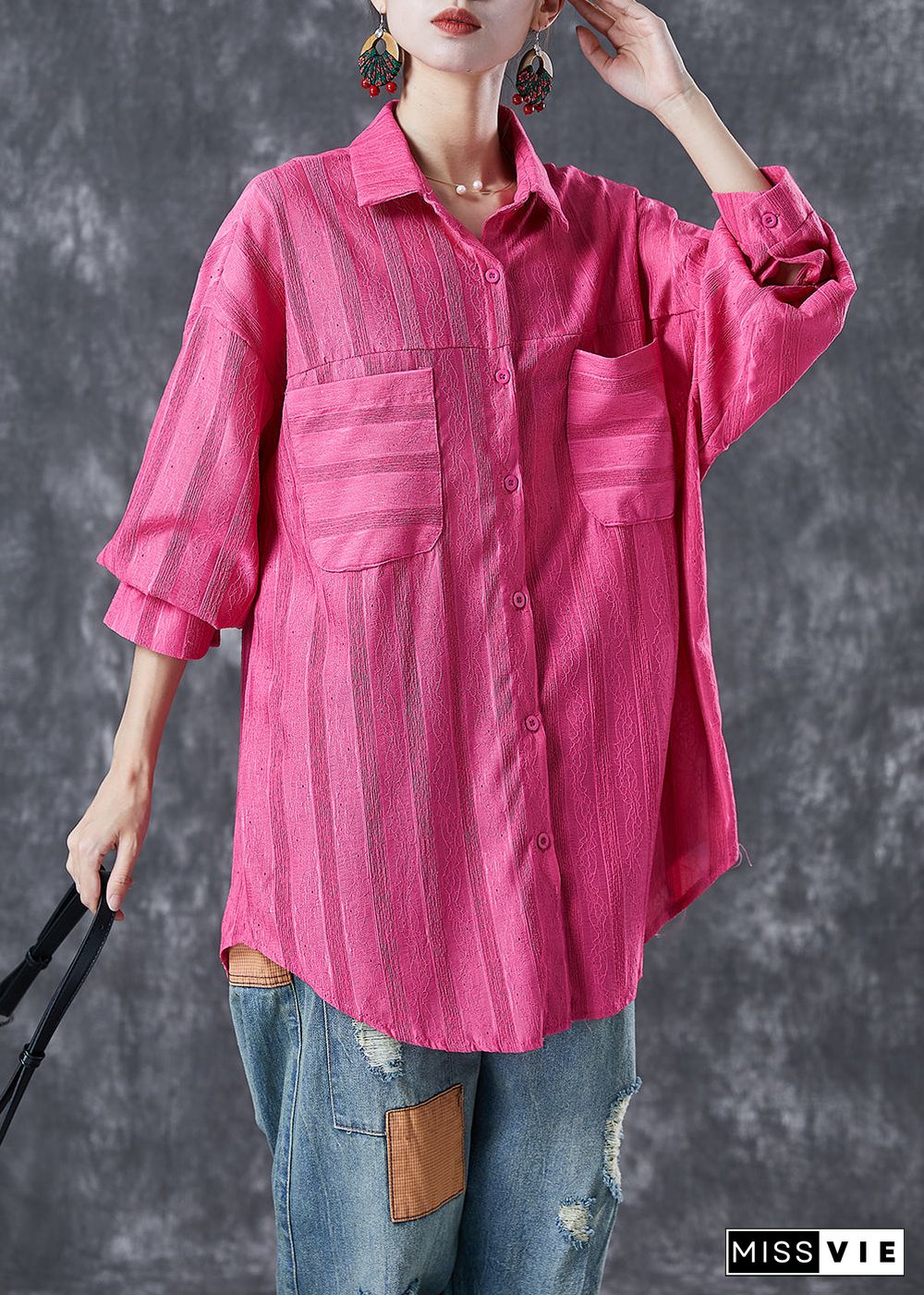 Modern Rose Oversized Striped Cotton Shirt Top Summer