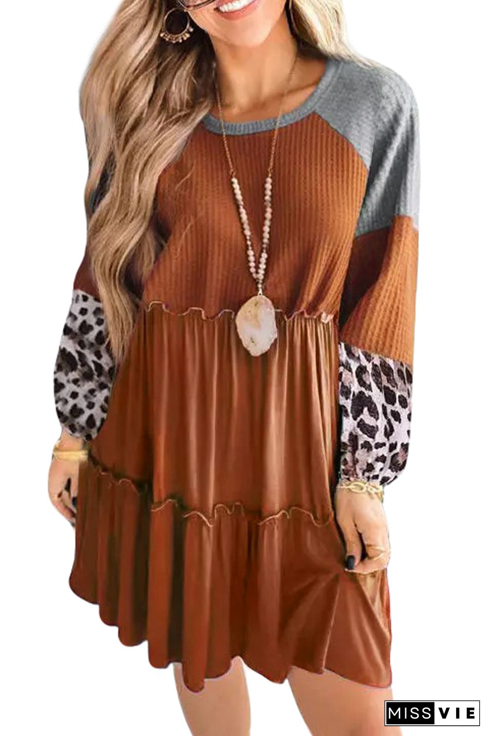 Brown Waffle Knit Leopard Patchwork Long Sleeve Dress