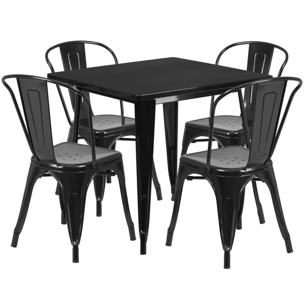 Square Metal Indoor outdoor Table Set With 4 Stack Chairs