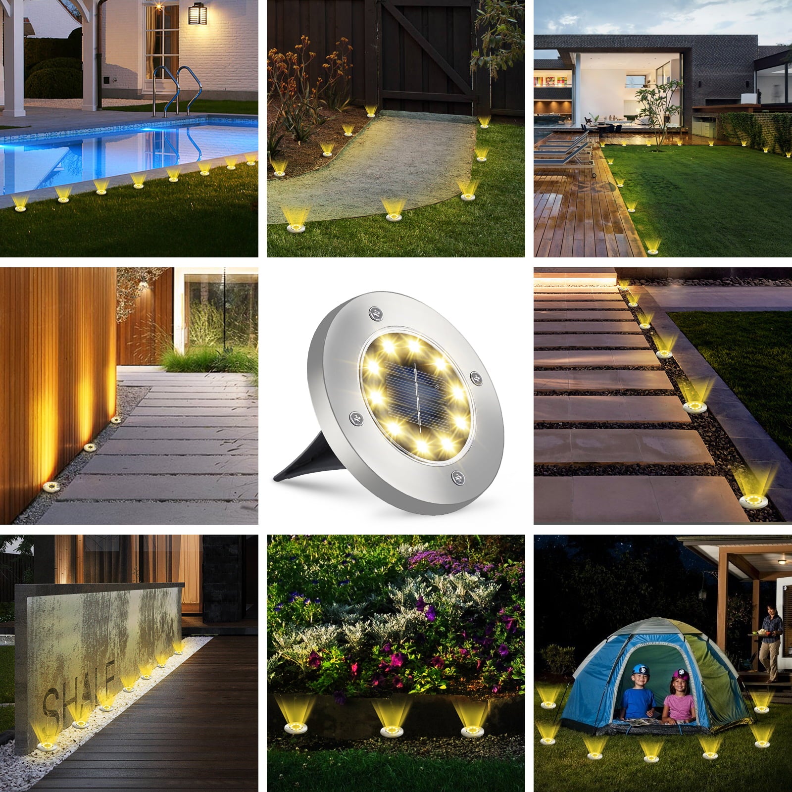 Solar Ground Lights Outdoor 8 Pack 10 LED Solar Garden Lights， Outdoor Solar Disk Lights In-Ground Lights for Lawn Patio Pathway Landscape Lighting Warm White