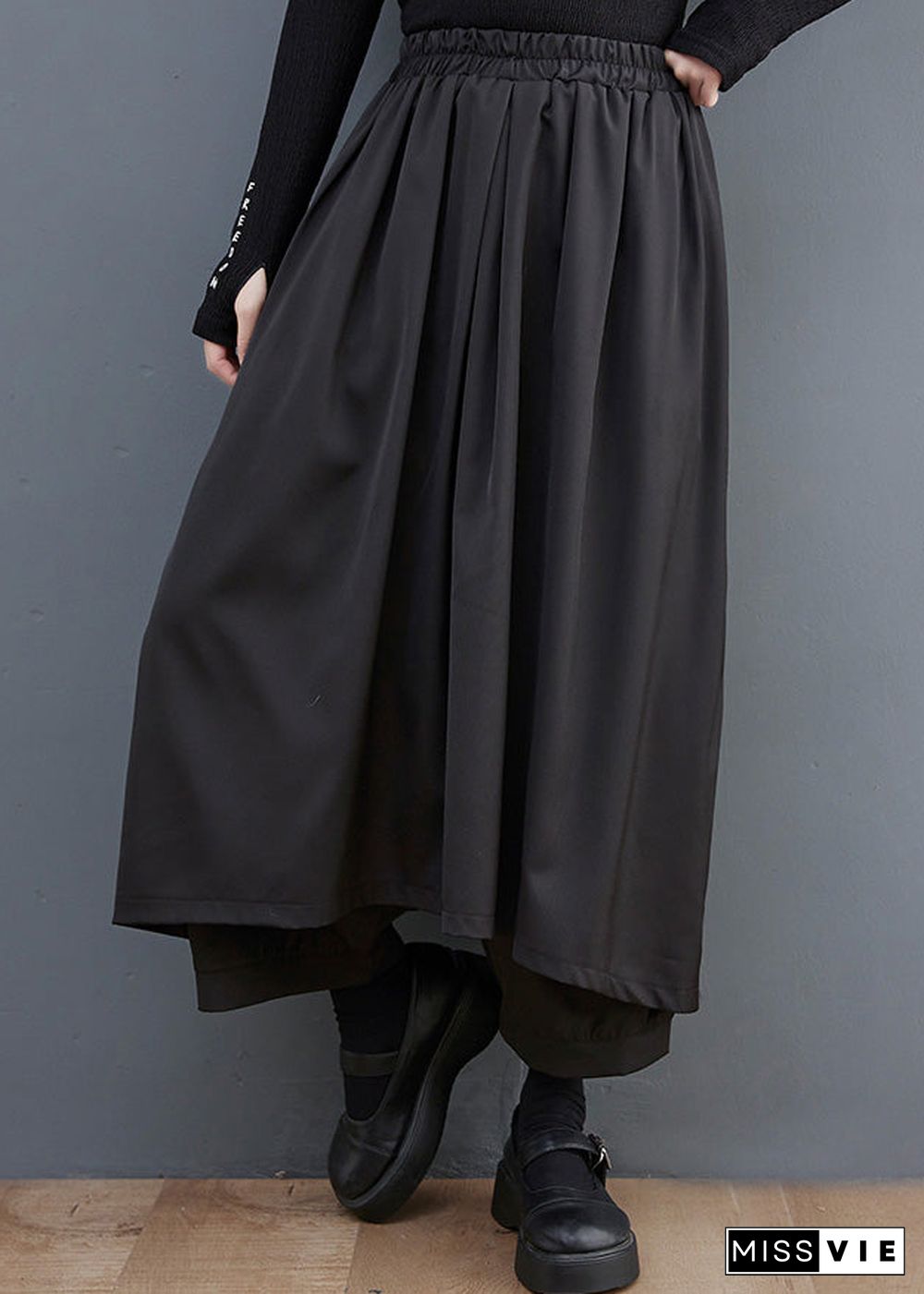 Casual Black Elastic Waist Pockets Solid Wide Leg Pants Skirt Summer