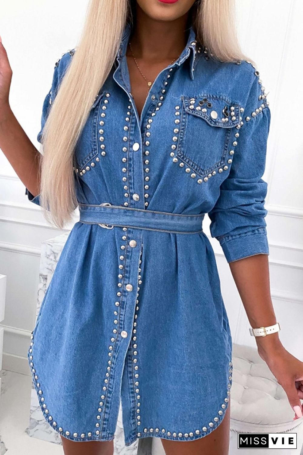 Casual Print Beading Turndown Collar Shirt Dress Dresses