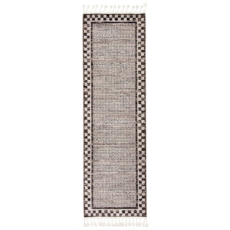 2.5' x 8.25' Off White and Black Bordered Pattern Rectangular Rug Runner