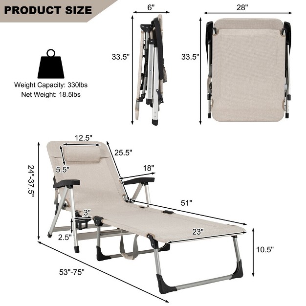 Costway Beach Chaise Lounge Chair Patio Folding Recliner W 7 Adjustable Positions