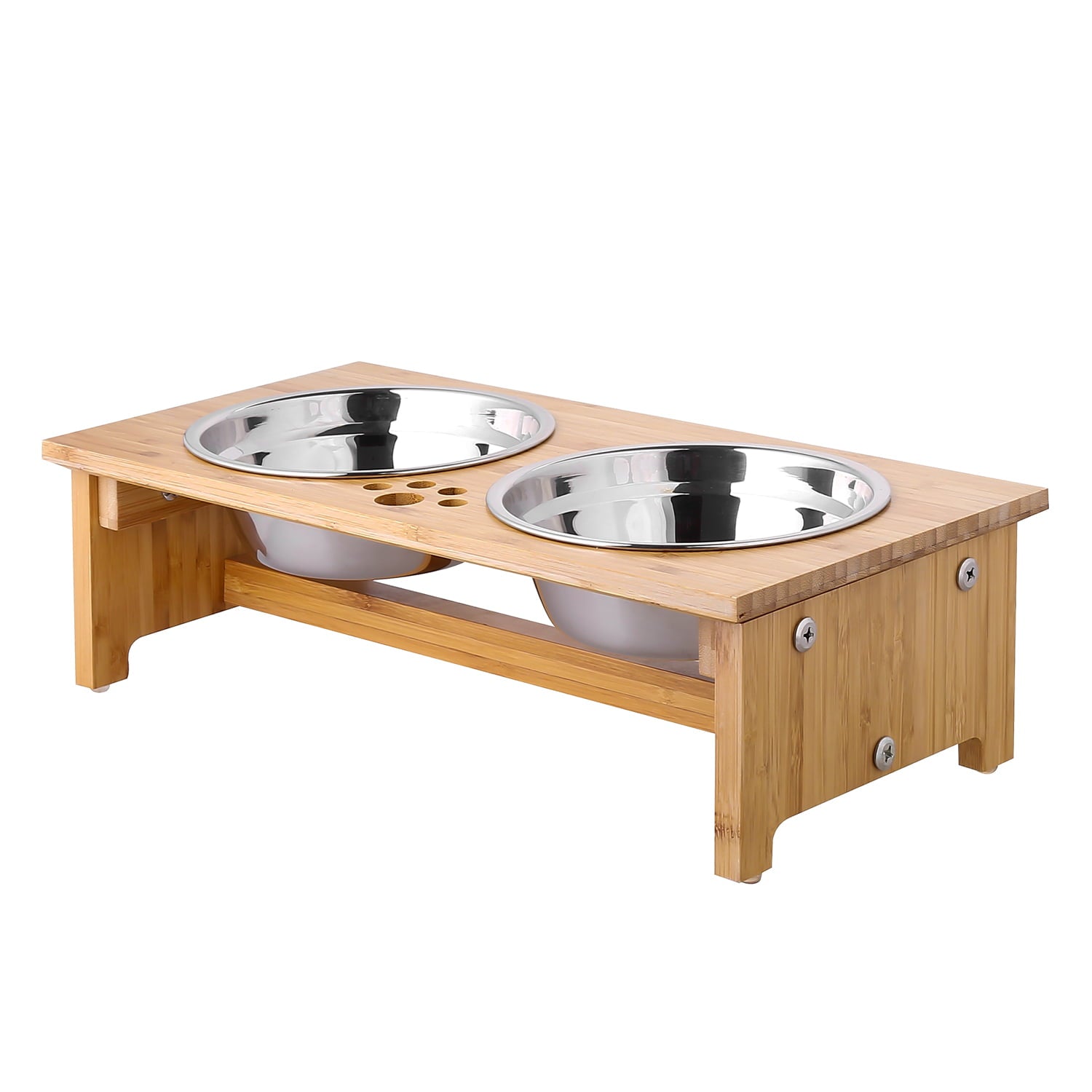 YY FOREYY Raised Pet Bowls for Cats and Small Dogs, Bamboo Elevated Dog Cat Food and Water Bowls Stand Feeder with 2 Stainless Steel Bowls and Anti Slip Feet(4'' Tall)