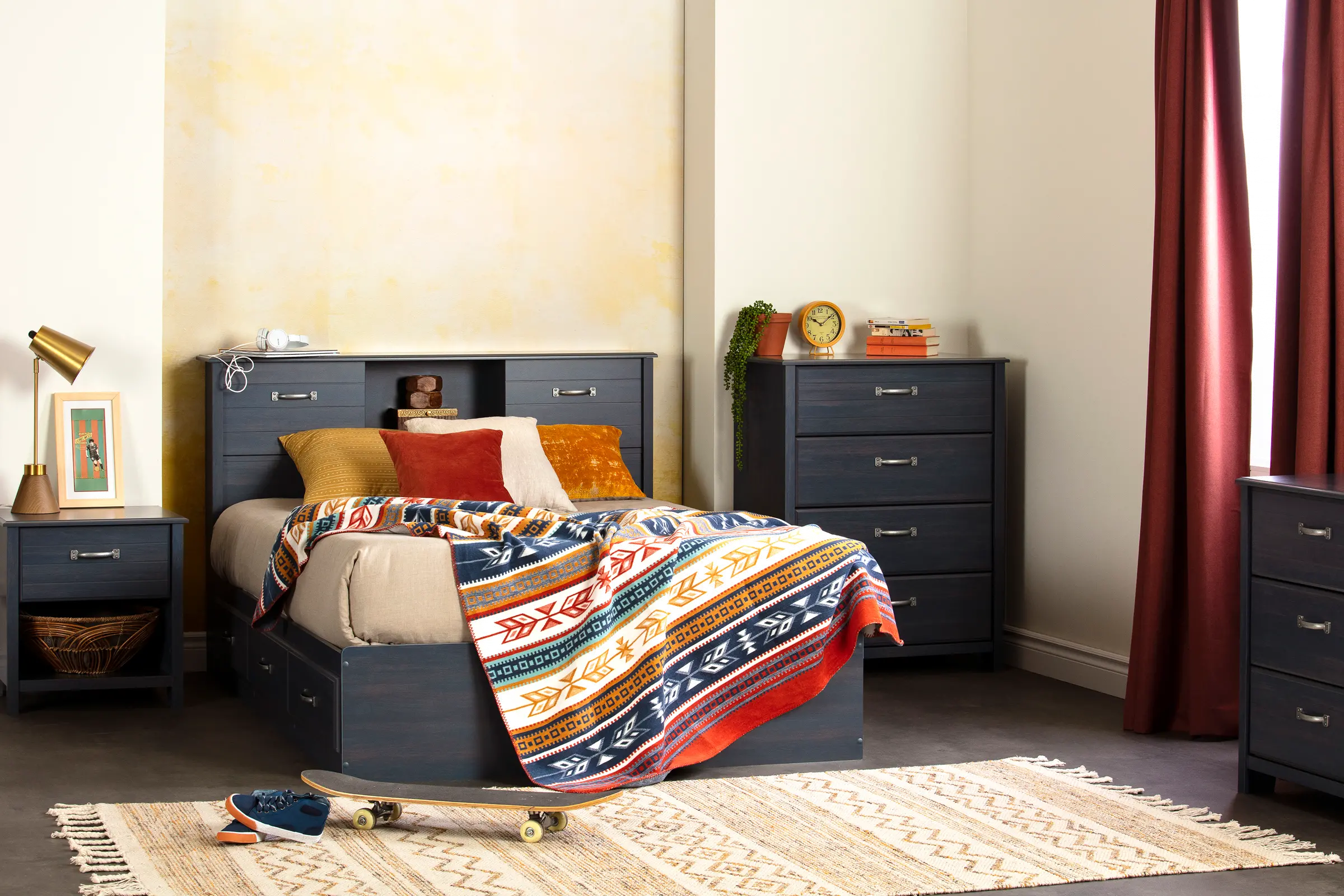 Ulysses Blue Storage Full Bed and Headboard Set