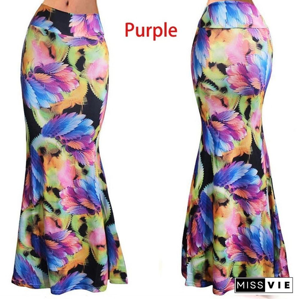 Women Casual Wrap Elastic High Waist Floral Maxi Skirt Summer Beach Party Bodycon Long Skirts